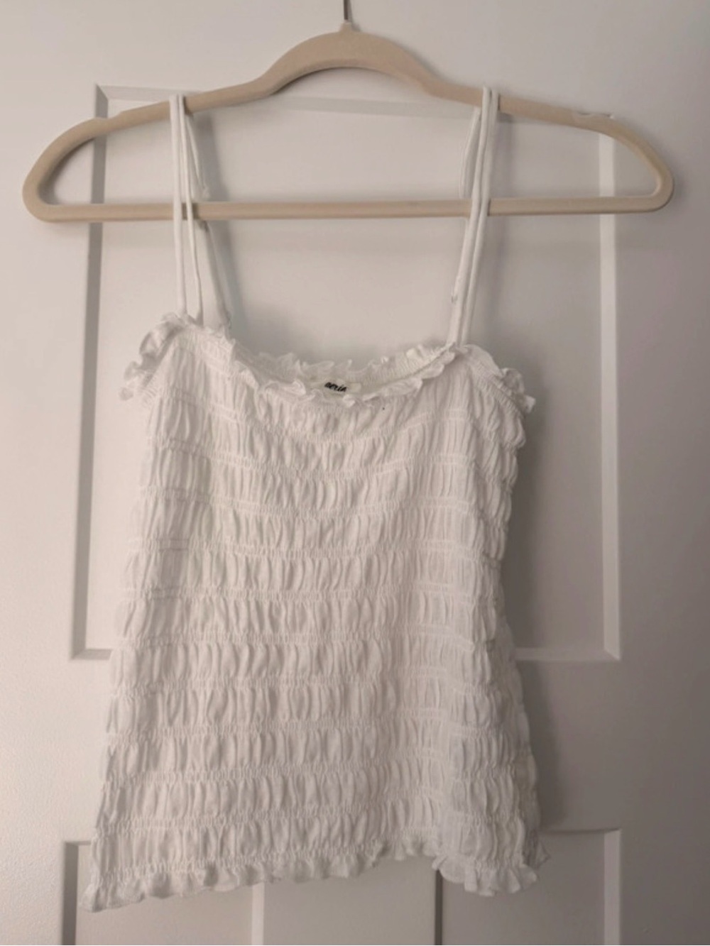 Aerie White Ruffled Smocked Spaghetti Strap Tank Top